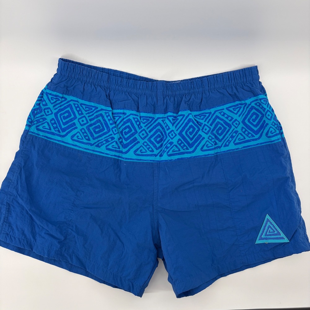 90s Pro Spirit Swim Shorts Mens L VTG 5" Blue Geometric Tribal Trunks Aztec